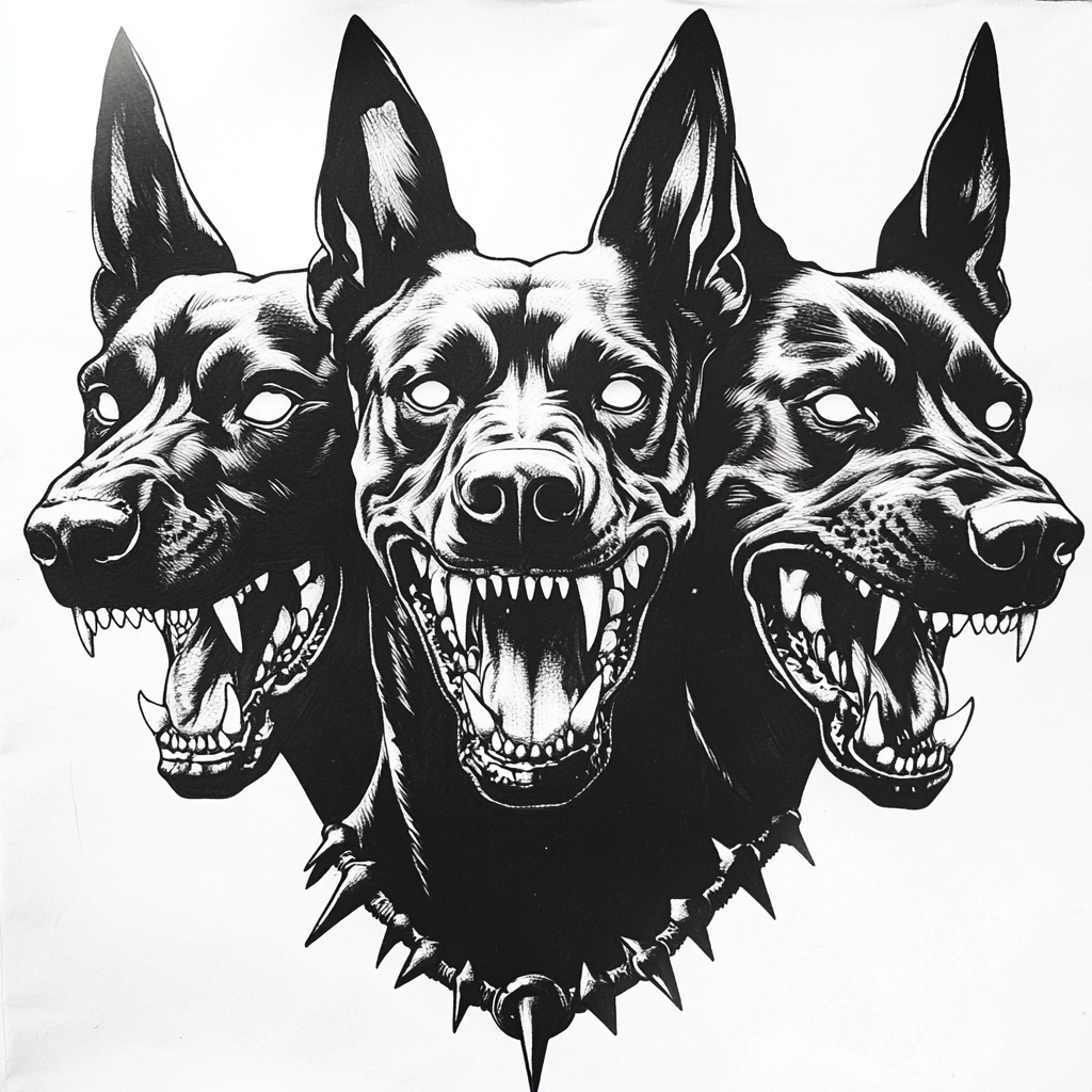 Cerberus stencil of three Doberman heads snarling