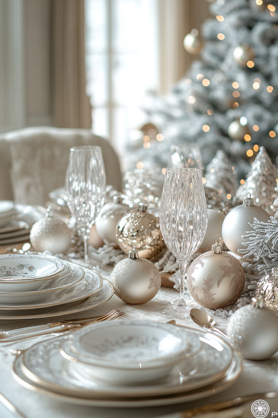 Champagne Christmas dining room set: elegant, sophisticated feast