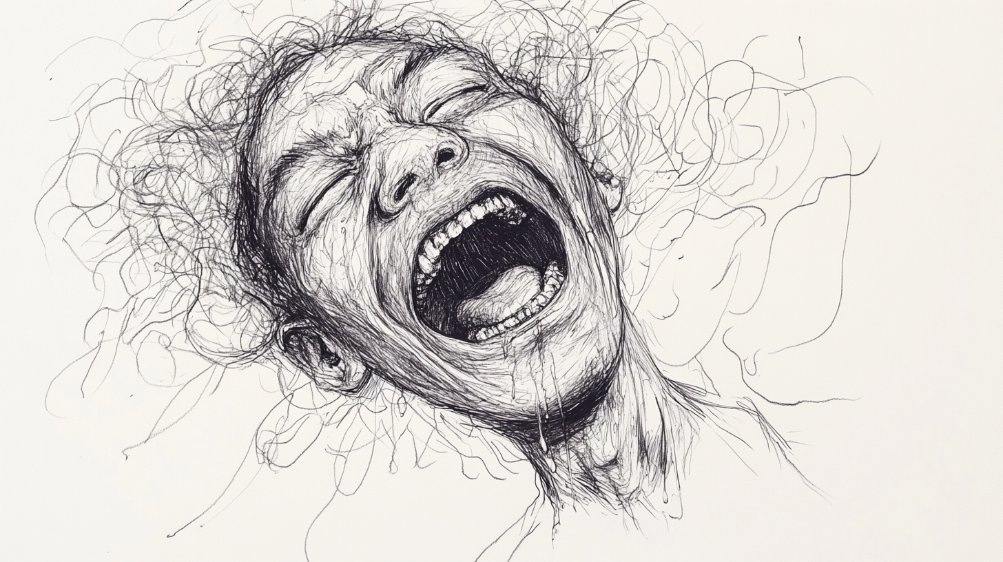 Chaotic Laughter Sketch, Wide Grin, Tears, Eerie 