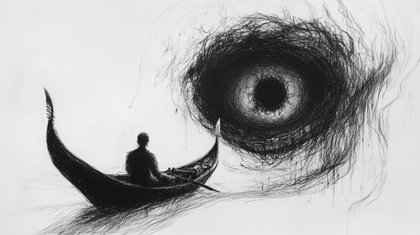 Chaotic sketch of protagonist in eerie, mysterious world, eye-like presence.