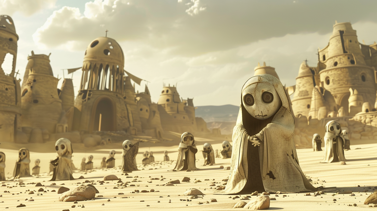 Characters in desert village ruins pondering under overcast sky