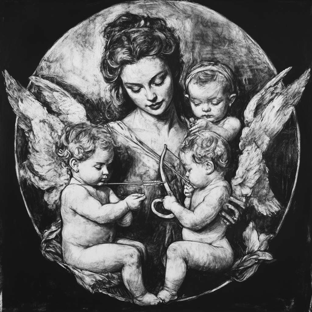 Charcoal Drawing of Lady Angel with Three Cherub Children