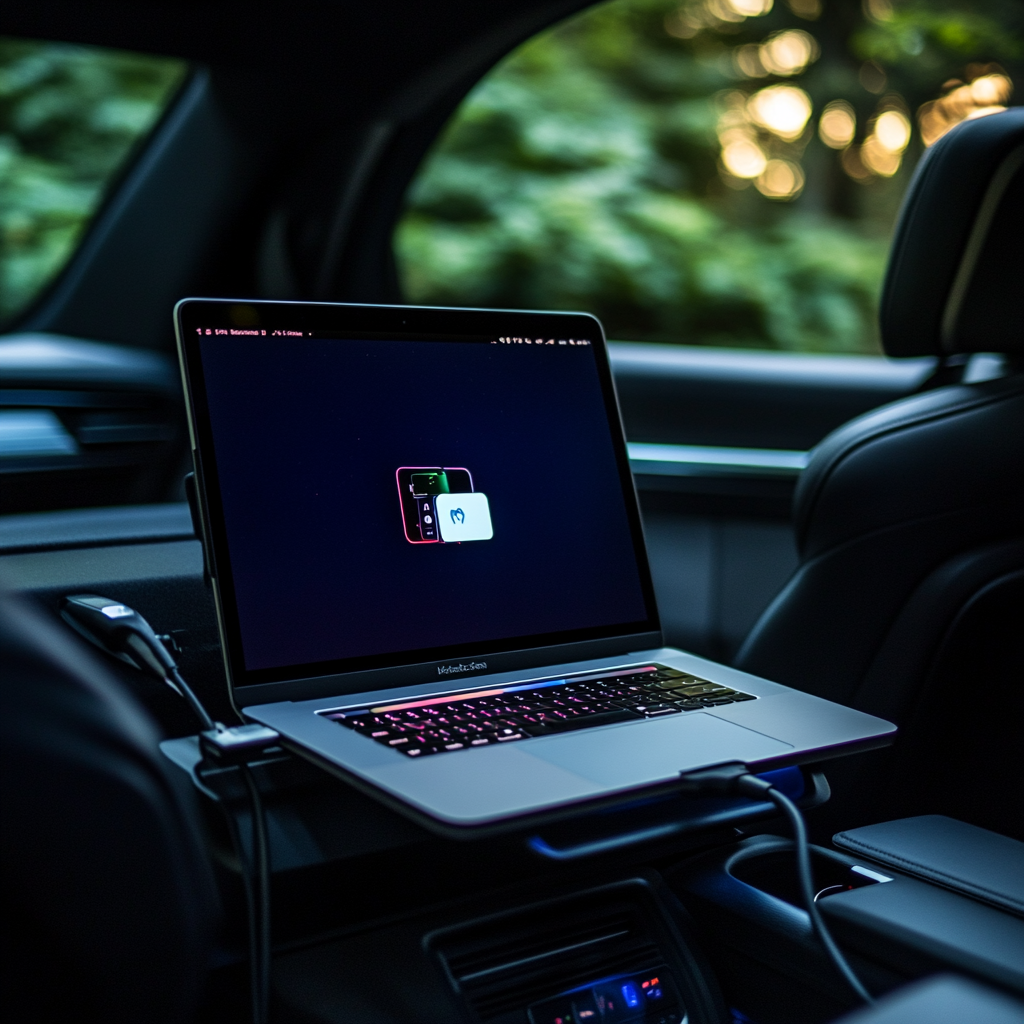 Charging laptop in electric car back seat