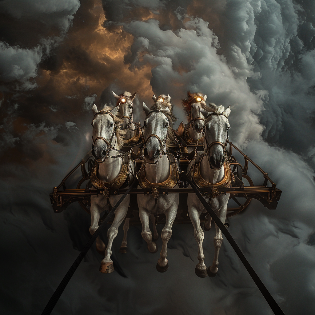 Chariot Team Pulling Golden Chariot in Stormy Sky