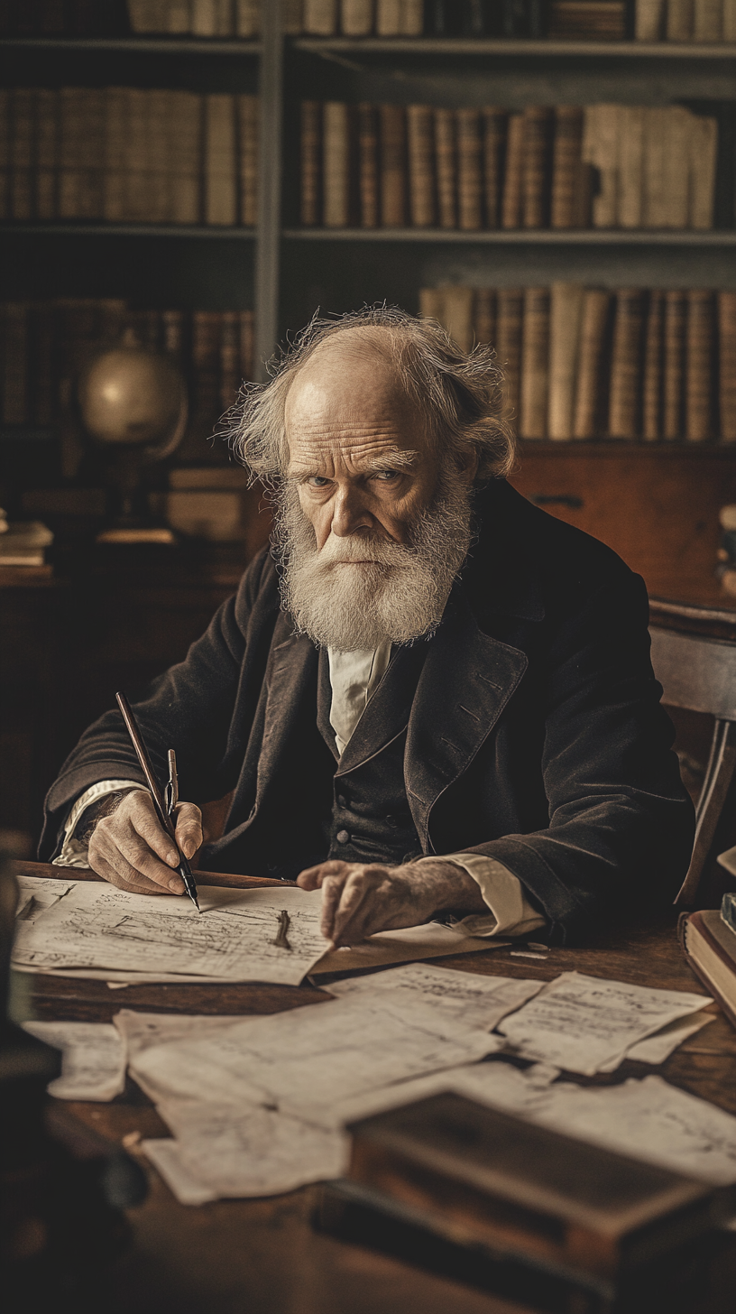 Charles Darwin's 19th-century study with old books