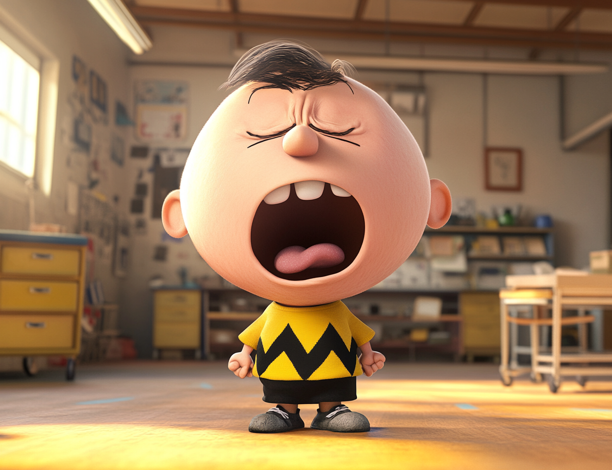 Charlie Brown Yawning in High-School Shop Class