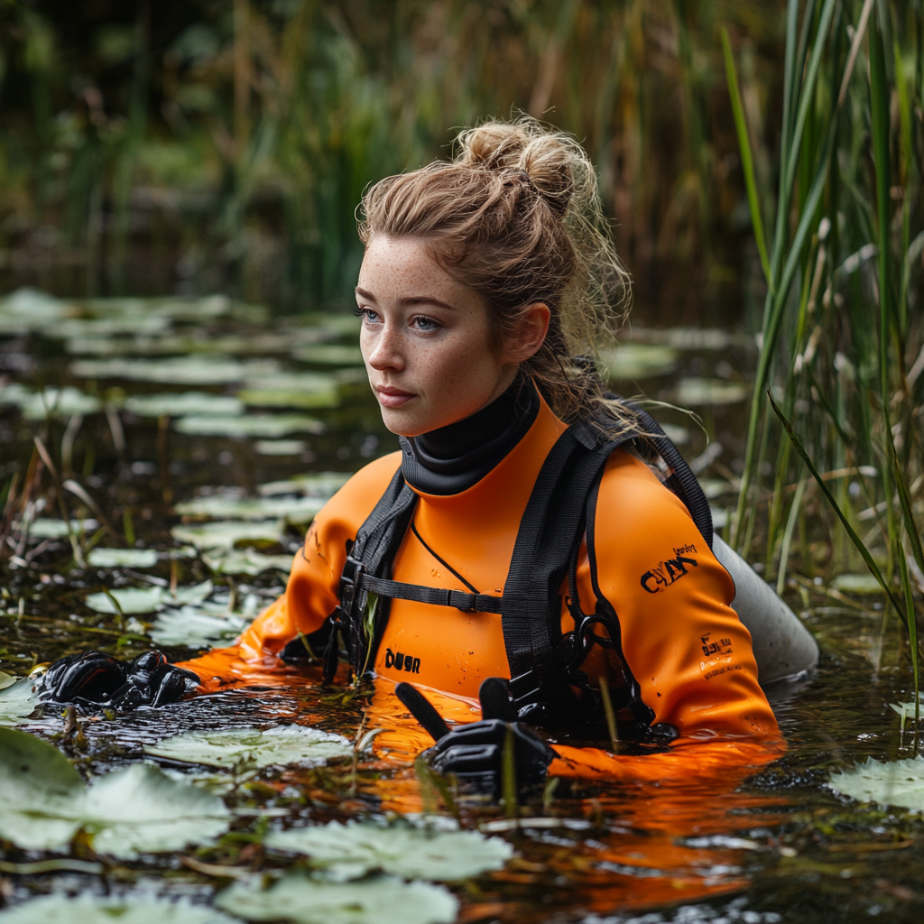 Charlotte Church in orange wetsuit diving in weedy lake