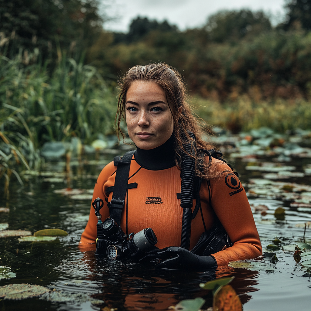 Charlotte Church in orange wetsuit in weedy lake