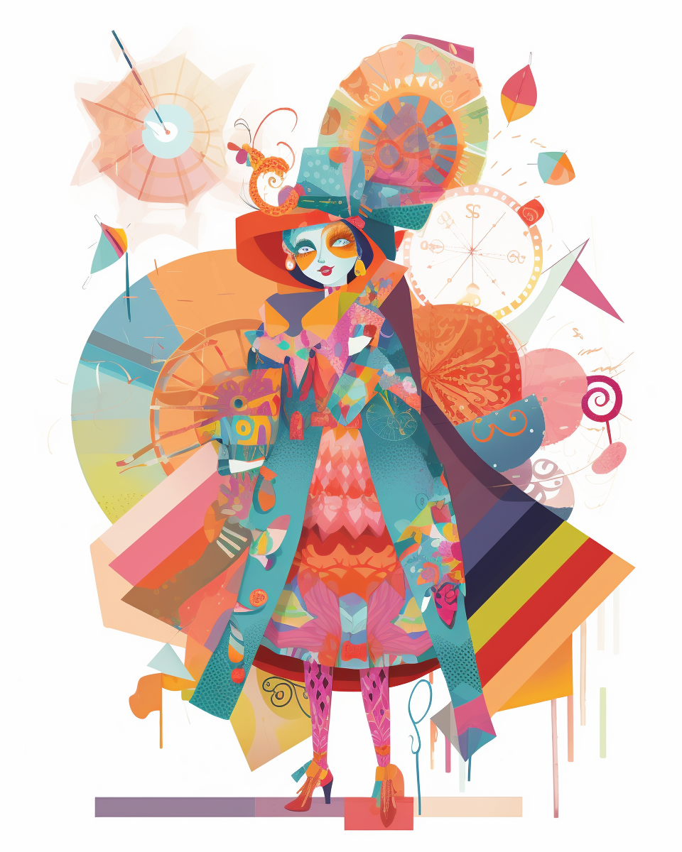Charming, whimsical character in colorful patchwork costume at carnival.