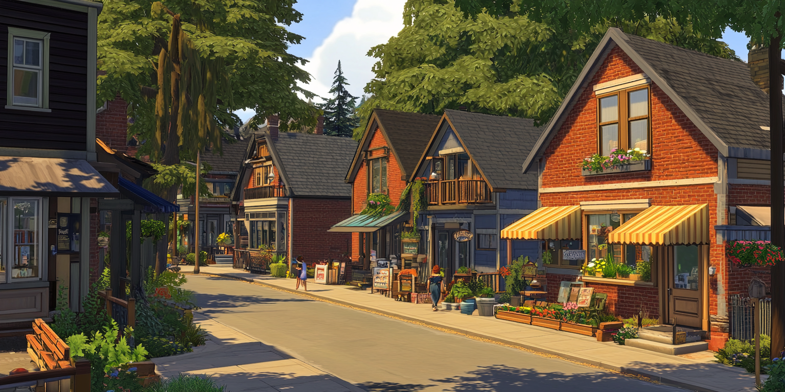 Charming American town street with cozy buildings