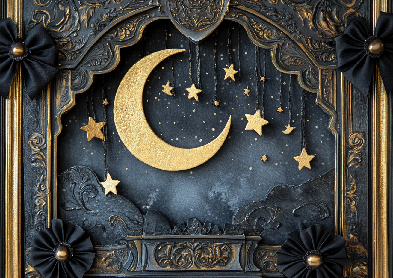 Charming Moonlit Night Painting in Ornate Frame