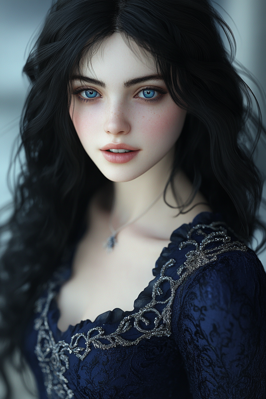 Charming Young Witch in Elegant Blue Dress