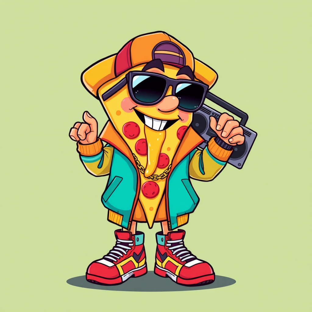 Cheeky 90s Pizza Slice Cartoon Character.