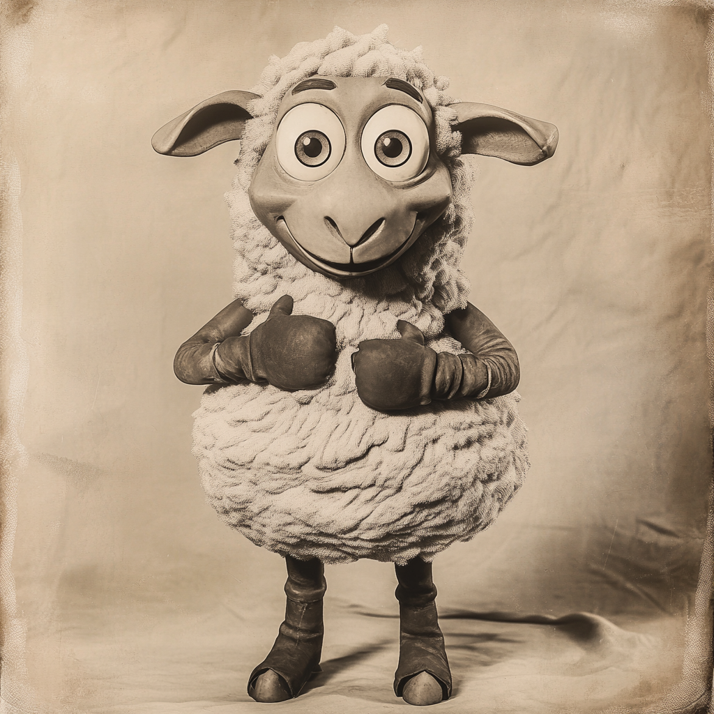 Cheerful 1930s cartoon sheep character with bendy limbs.