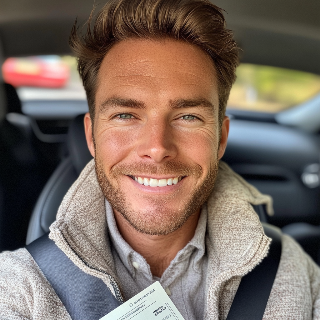 Cheerful British Man Holding Cheque in Car