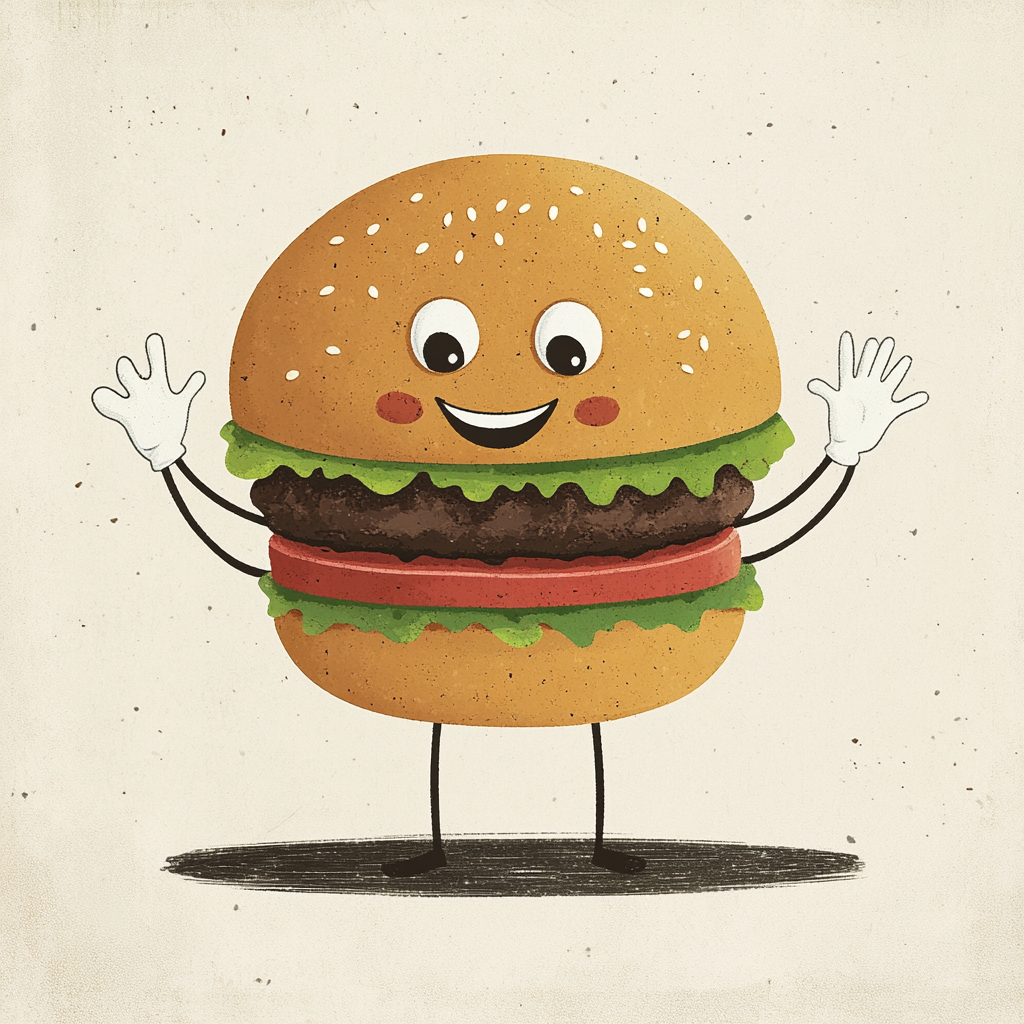 Cheerful Burger Character in Classic 1930s Cartoon Style