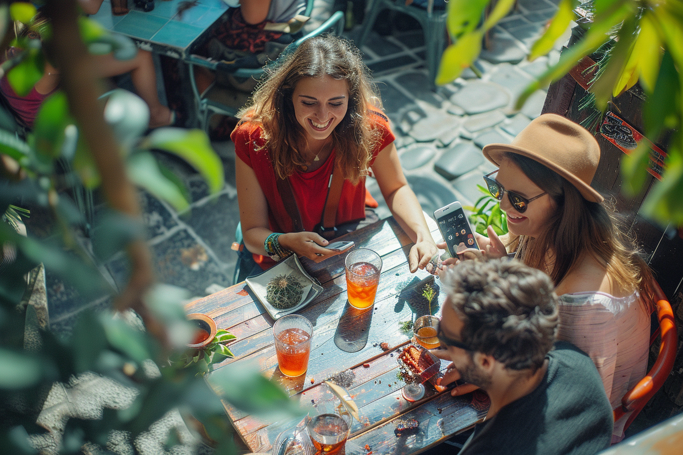 Cheerful Friends Enjoying Sunny Day at Red Accented Pub