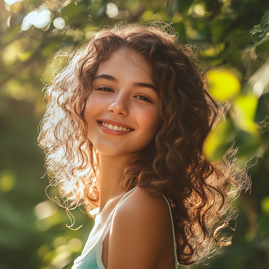 Cheerful Girl Amidst Turquoise Items in Nature