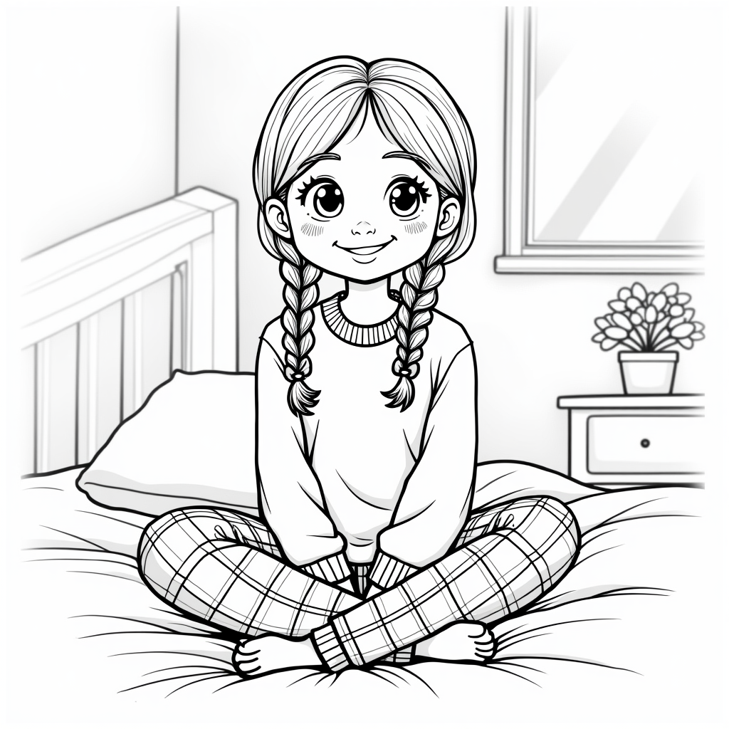 Cheerful Girl in Cozy Room Coloring Book Illustration