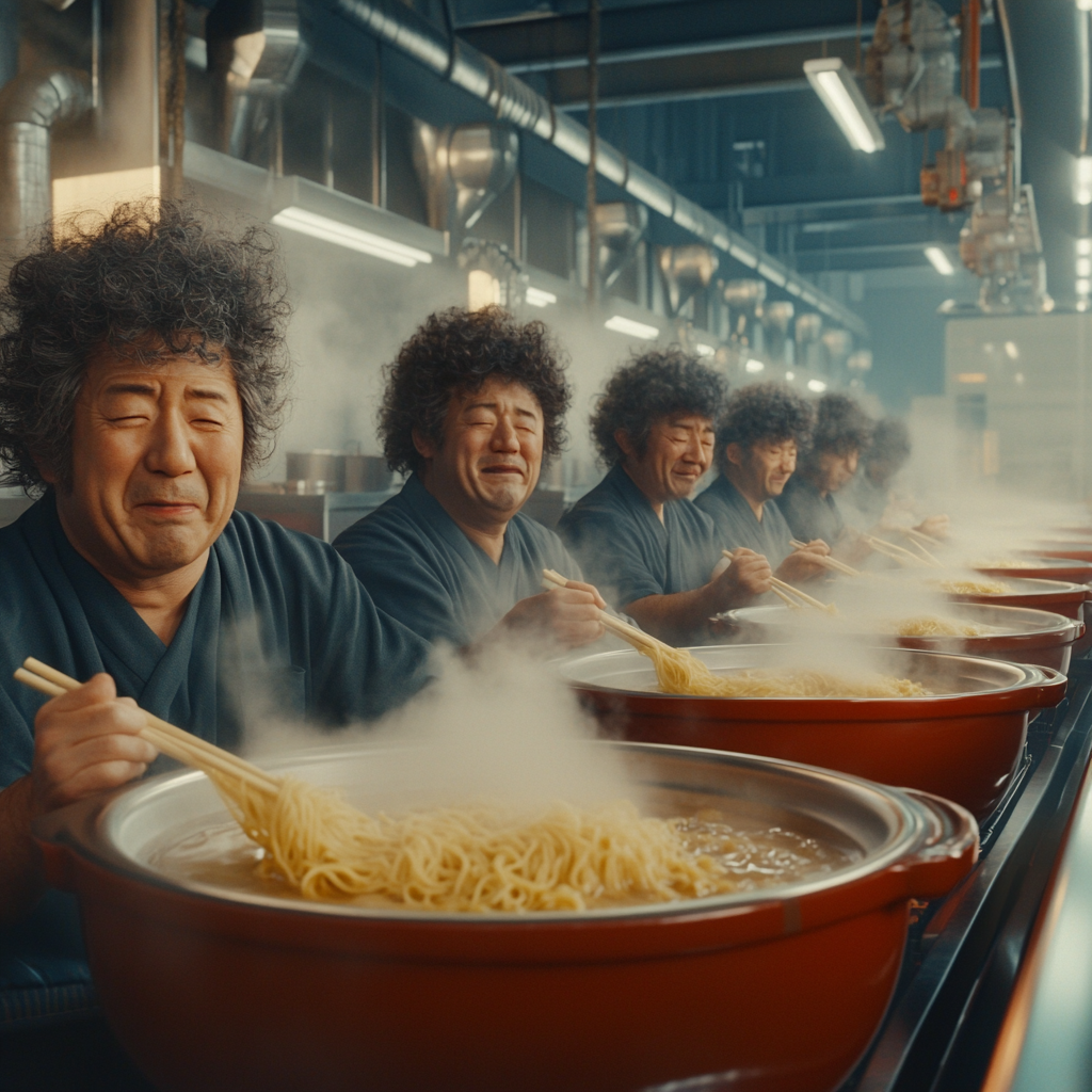 Cheerful Japanese Men Enjoying Oversized Ramen Bowls