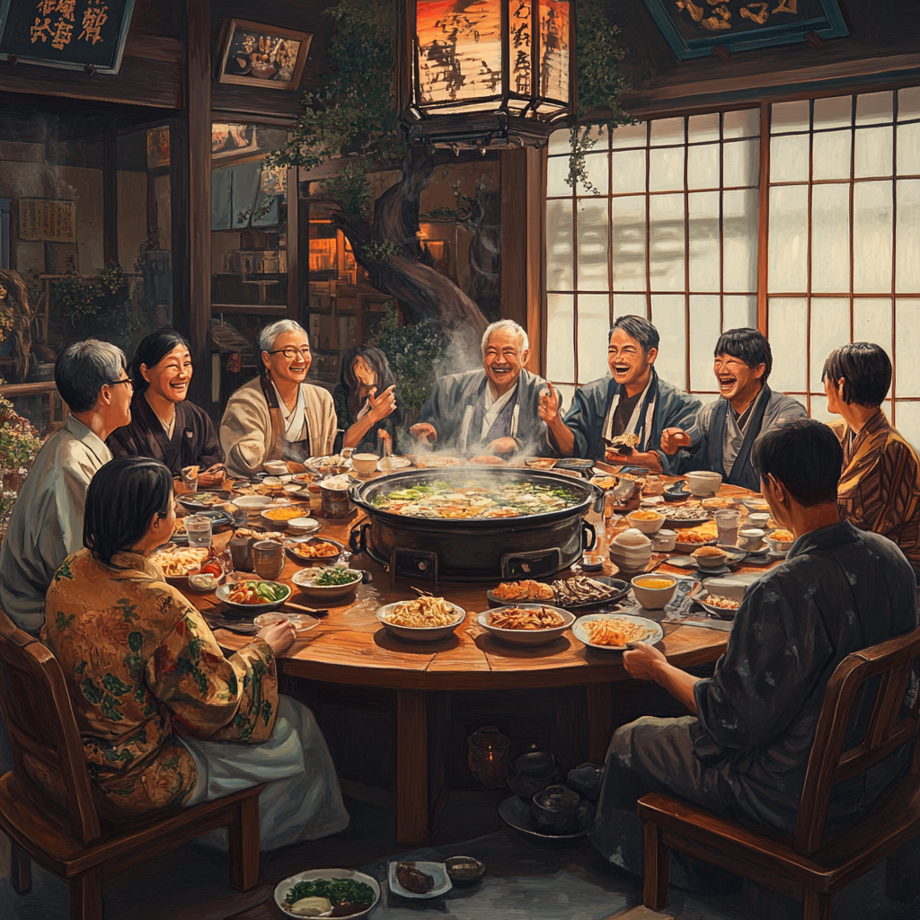 Cheerful Japanese Middle-Aged Group Enjoying Ramen Feast