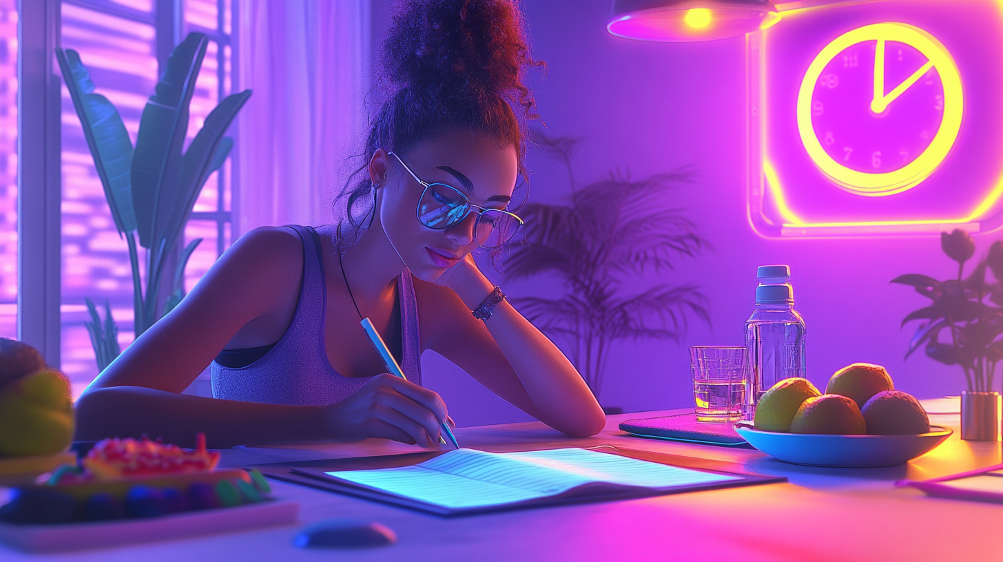 Cheerful Woman Organizing Healthy Habits at Desk