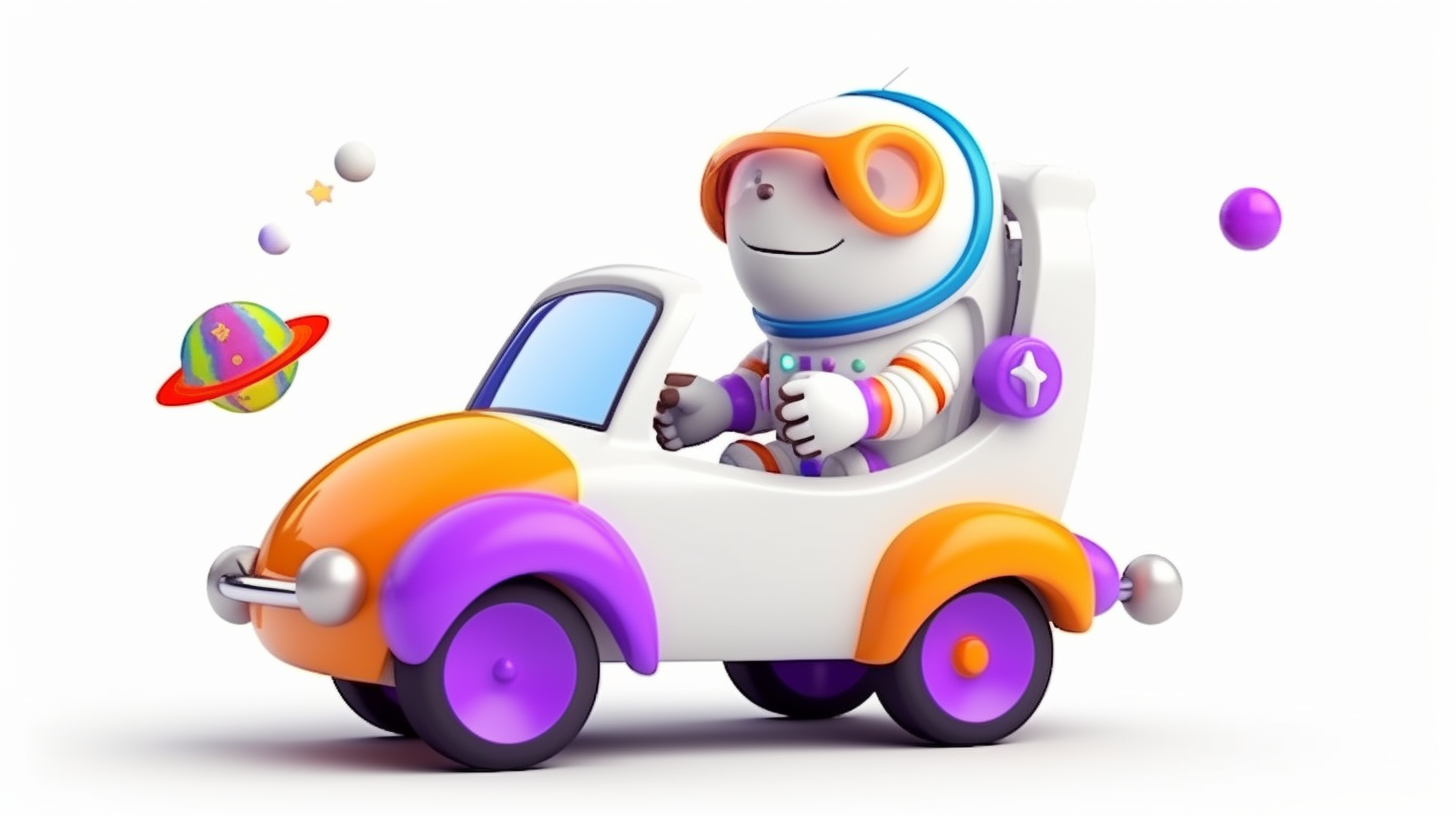 Cheerful astronaut and small car in cartoon style