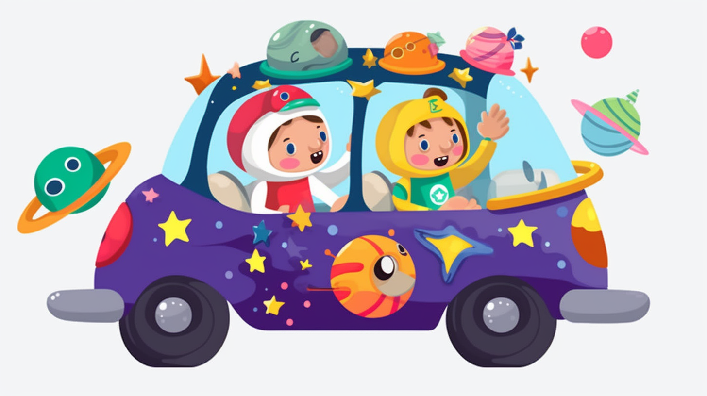 Cheerful astronauts in colorful small car