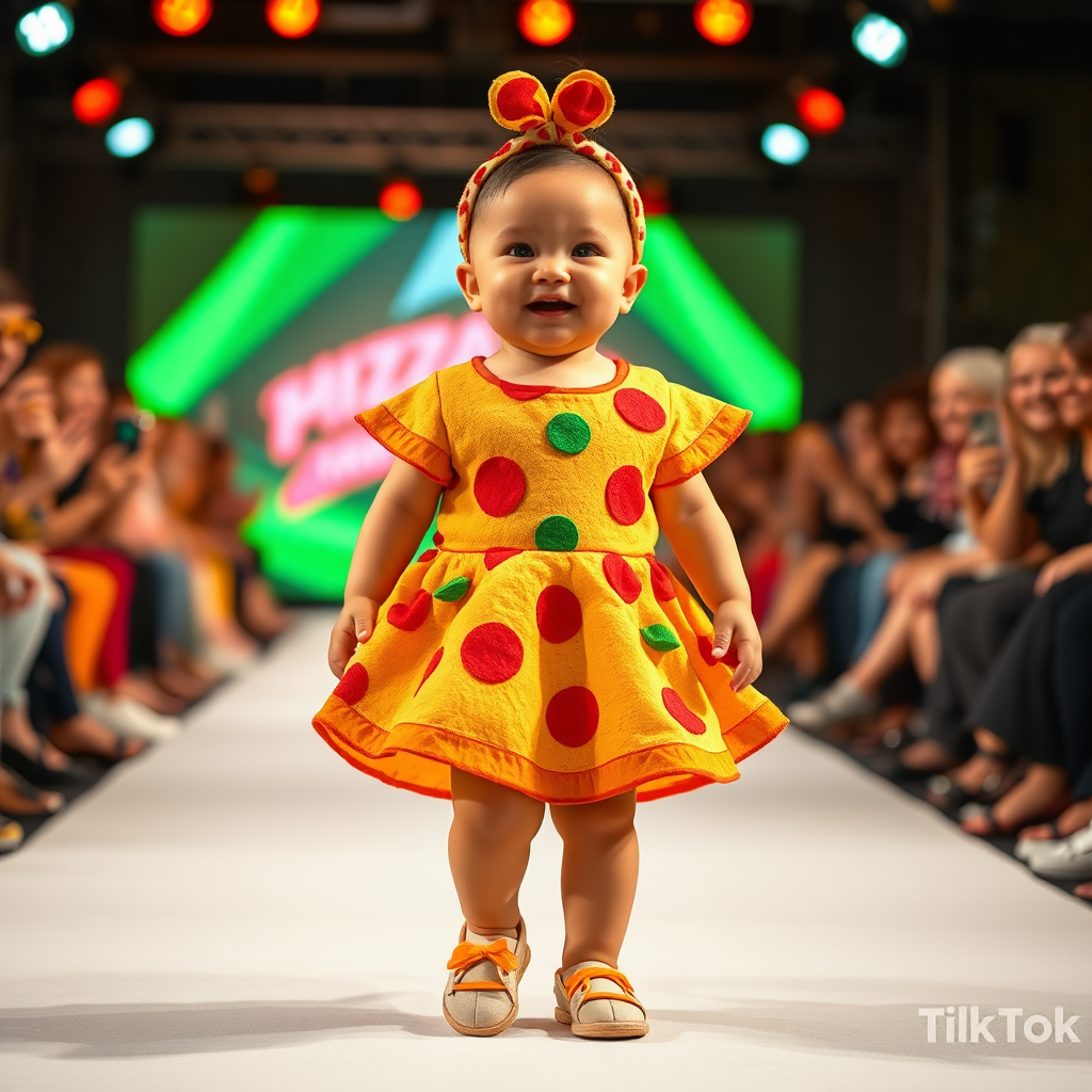 Cheerful baby in pizza dress at fashion show