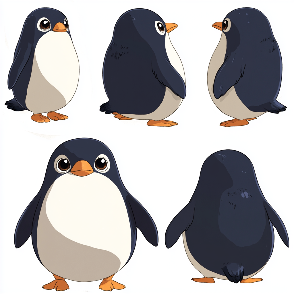 Cheerful cartoon penguin from different angles. Vintage style