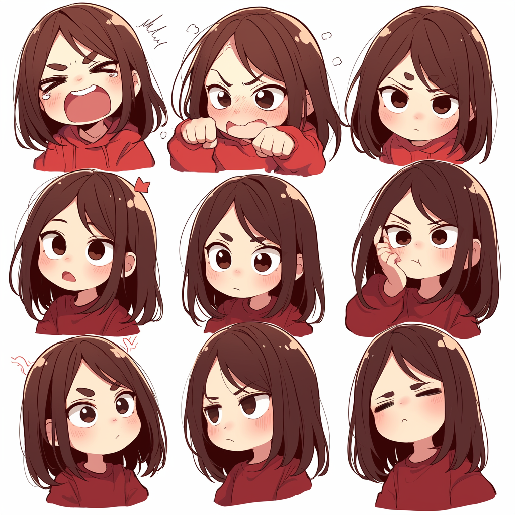 Chibi Anime Woman Shows Emotions in Various Poses