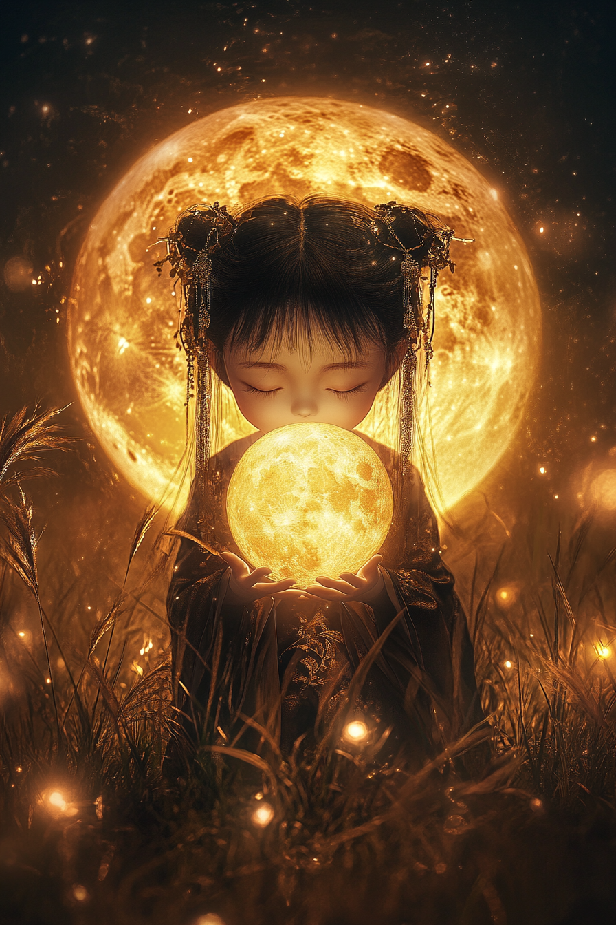 Chibi Chinese girl holds moon in idyllic setting