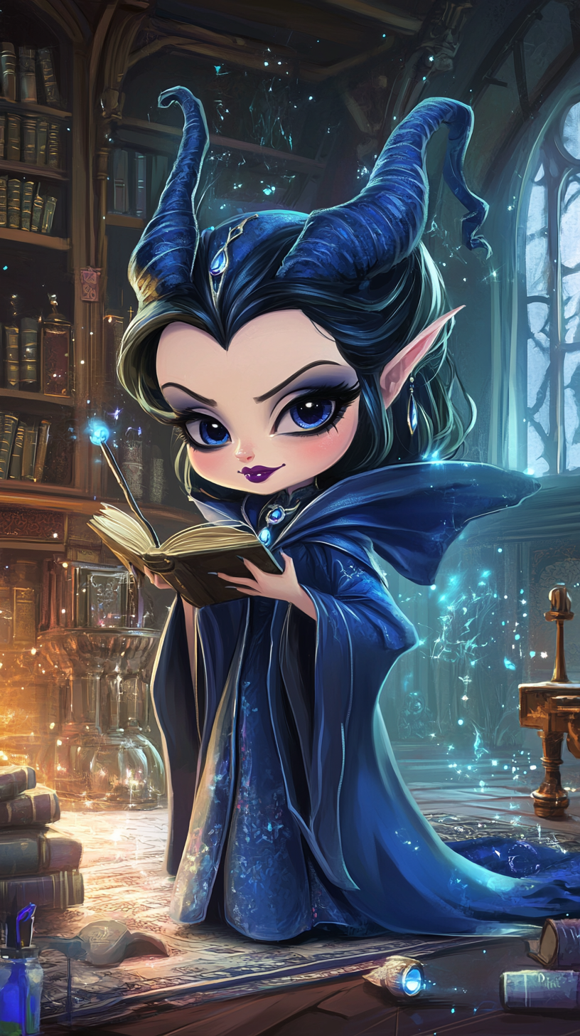 Chibi Maleficent in Ravenclaw robes studying magic books.