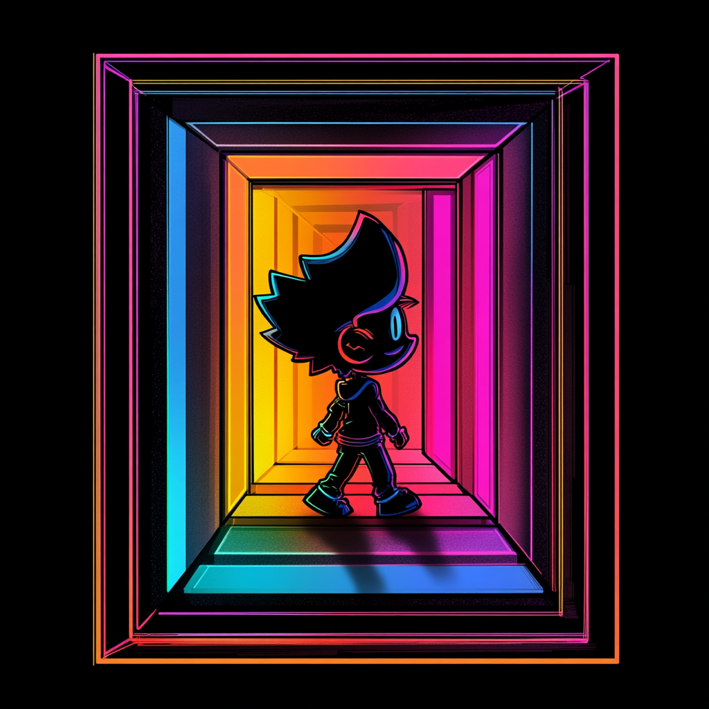 Chibi character silhouette walking through colorful door frame