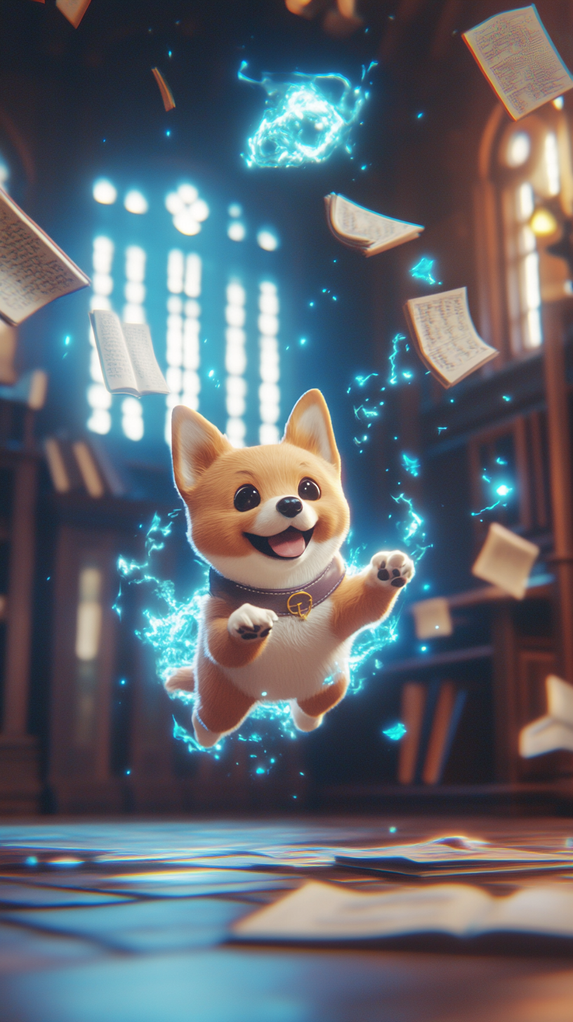 Chibi dog practices transfiguration in Hogwarts classroom.