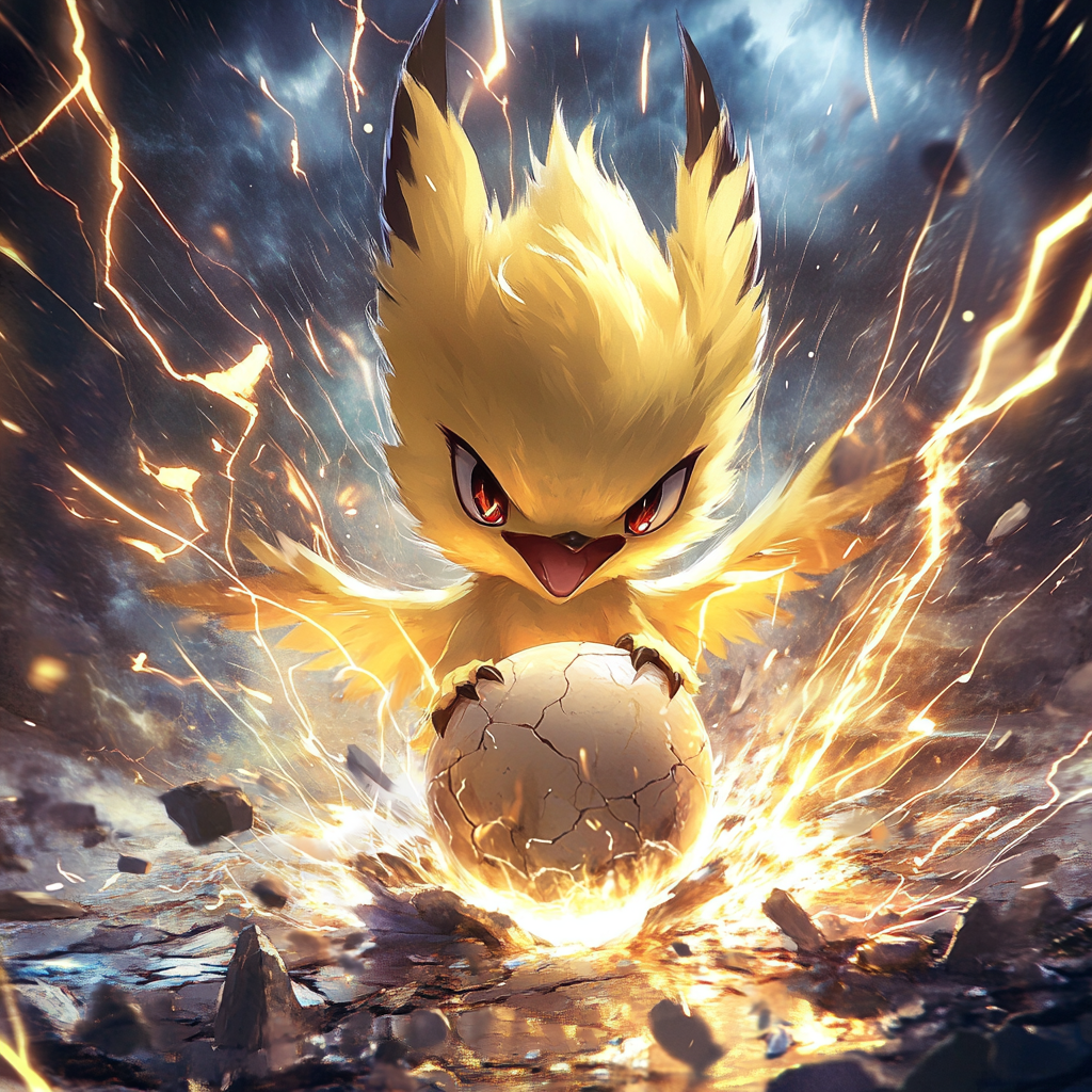 Chibi-style Zapdos emerging from cracked egg surrounded by storm