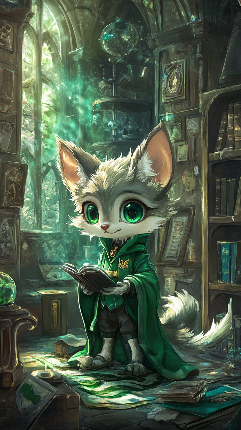 Chibi-style animal in Slytherin robe, lounging confidently.