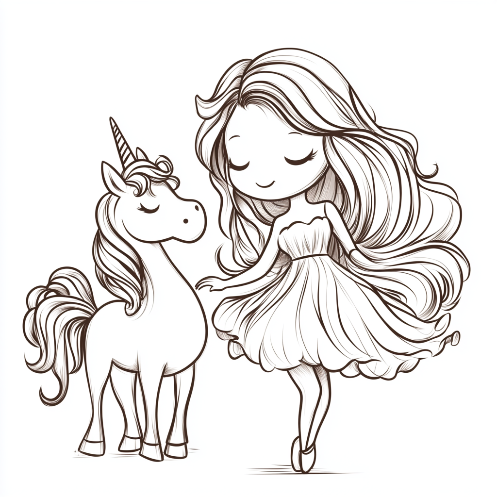 Chibi style drawing of happy woman dancer and unicorn.