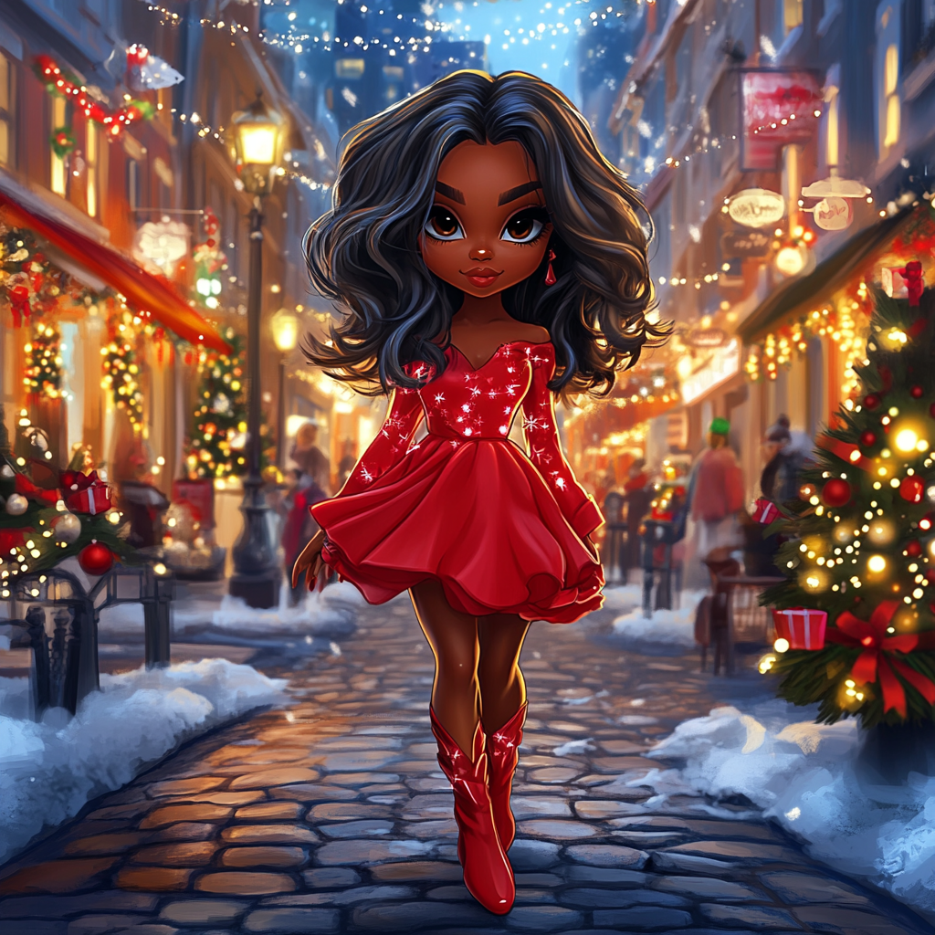 Chibi style woman in red dress at Christmas