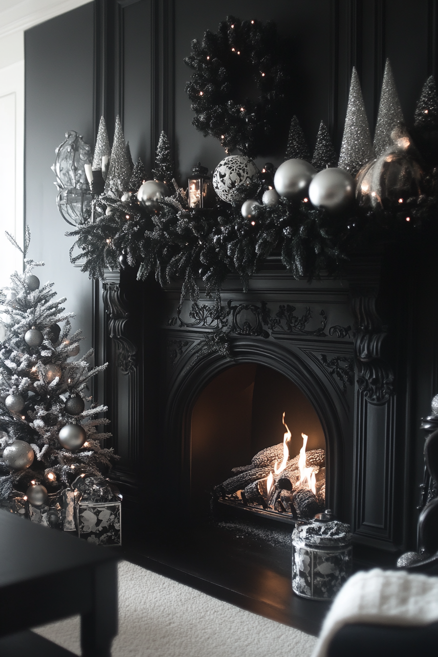 Chic Black and White Holiday Decor Fireplace