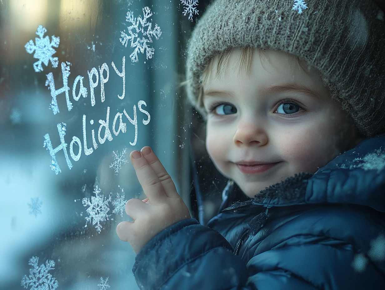 Child's Handwritten 'Happy Holidays' on Winter Window