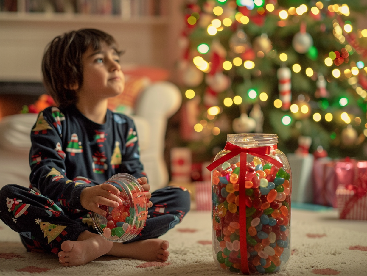 Child Opens Christmas Gift by Cozy Fireplace