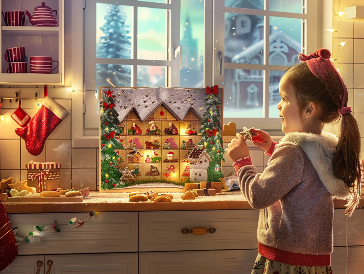 Child Revealing Chocolate Star from Advent Calendar