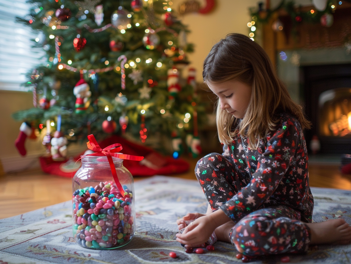 Child Unwrapping Christmas Gift by Cozy Fireplace