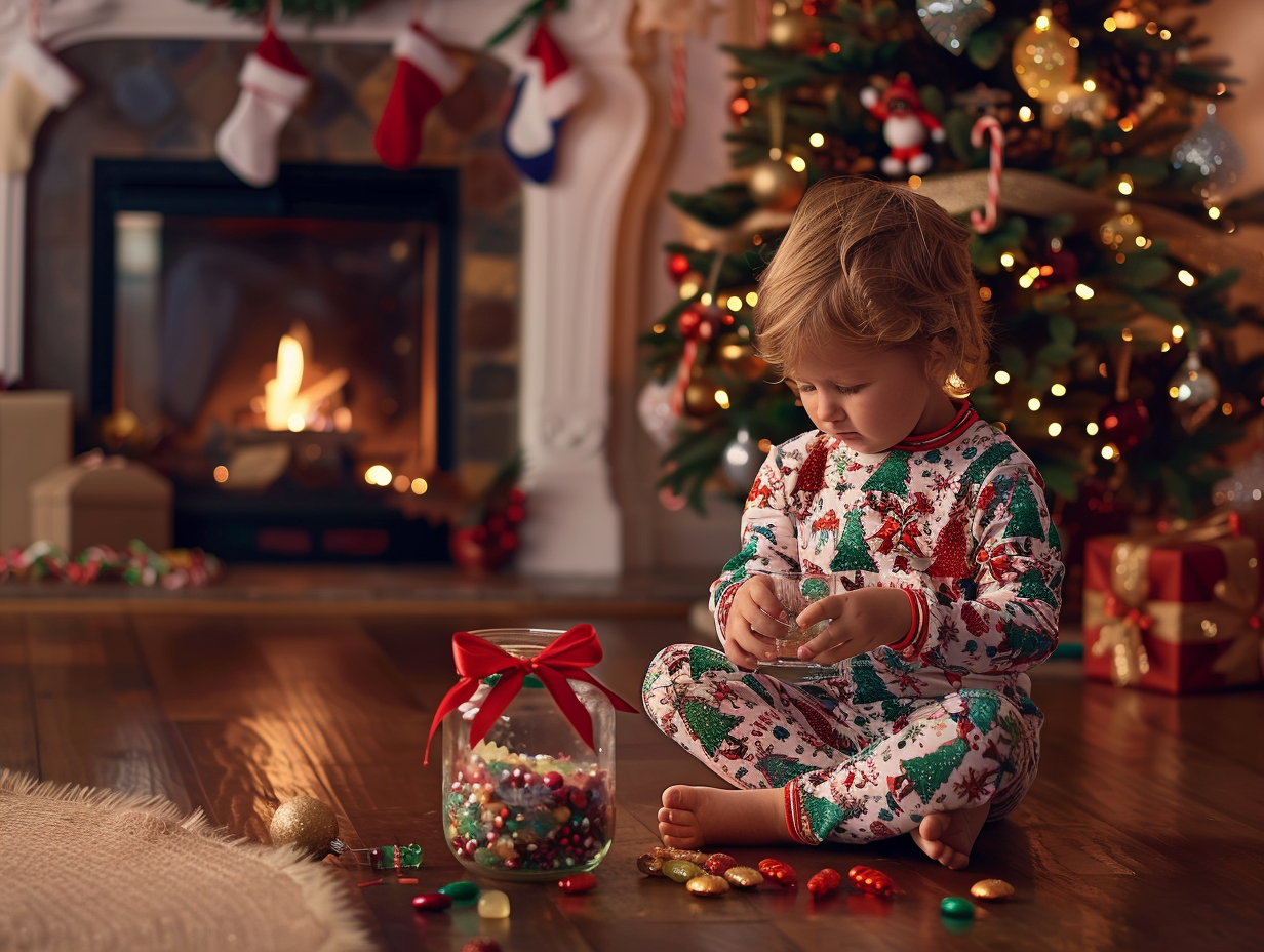 Child Unwraps Candy Jar by Decorated Christmas Tree