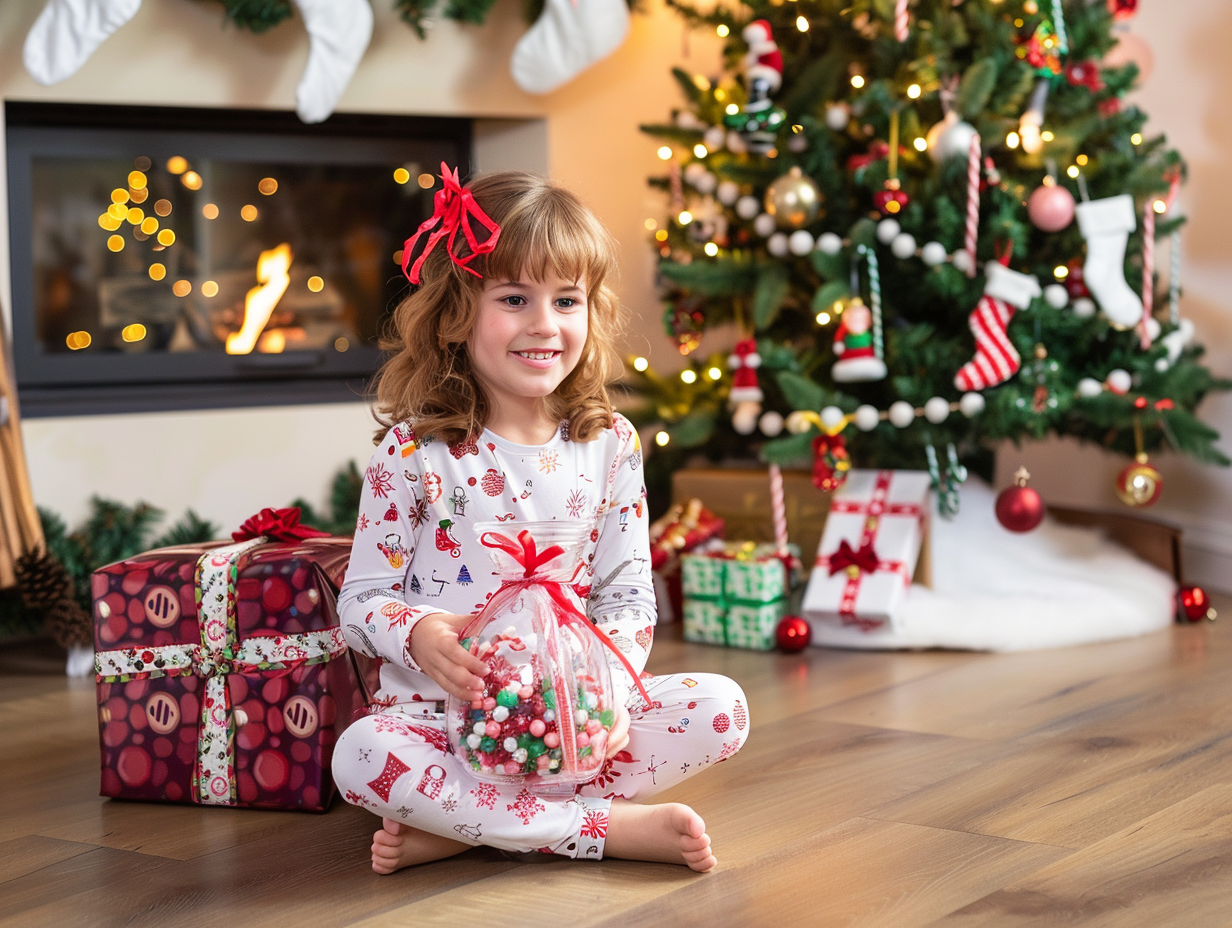 Child Unwraps Christmas Gift Beside Polish Decorated Tree