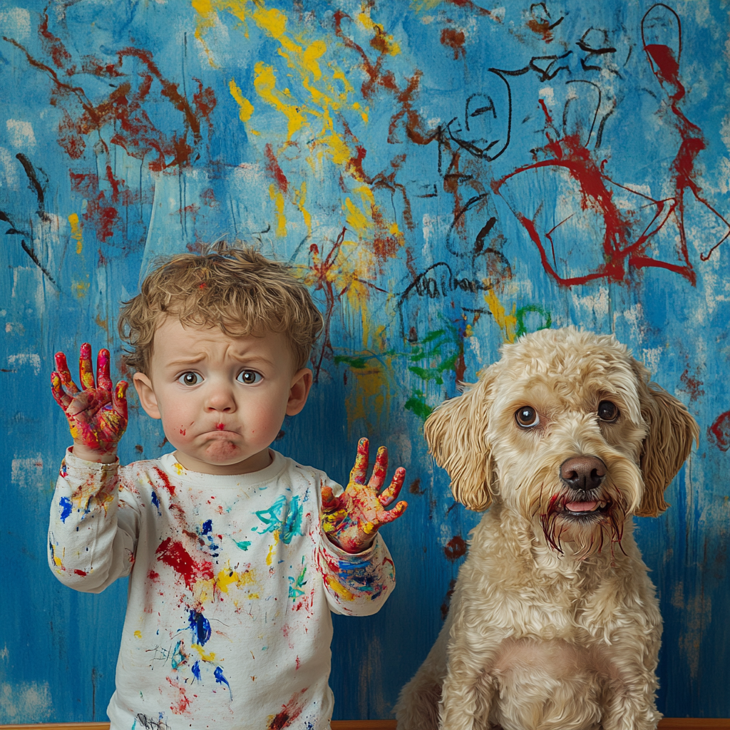 Child and dog covered in finger paint art