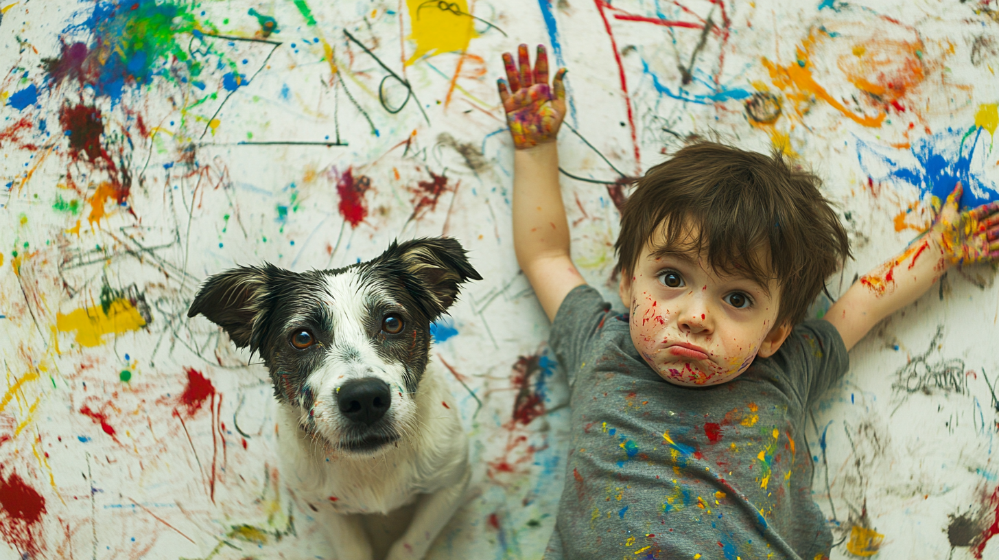 Child and dog making a mess with paint