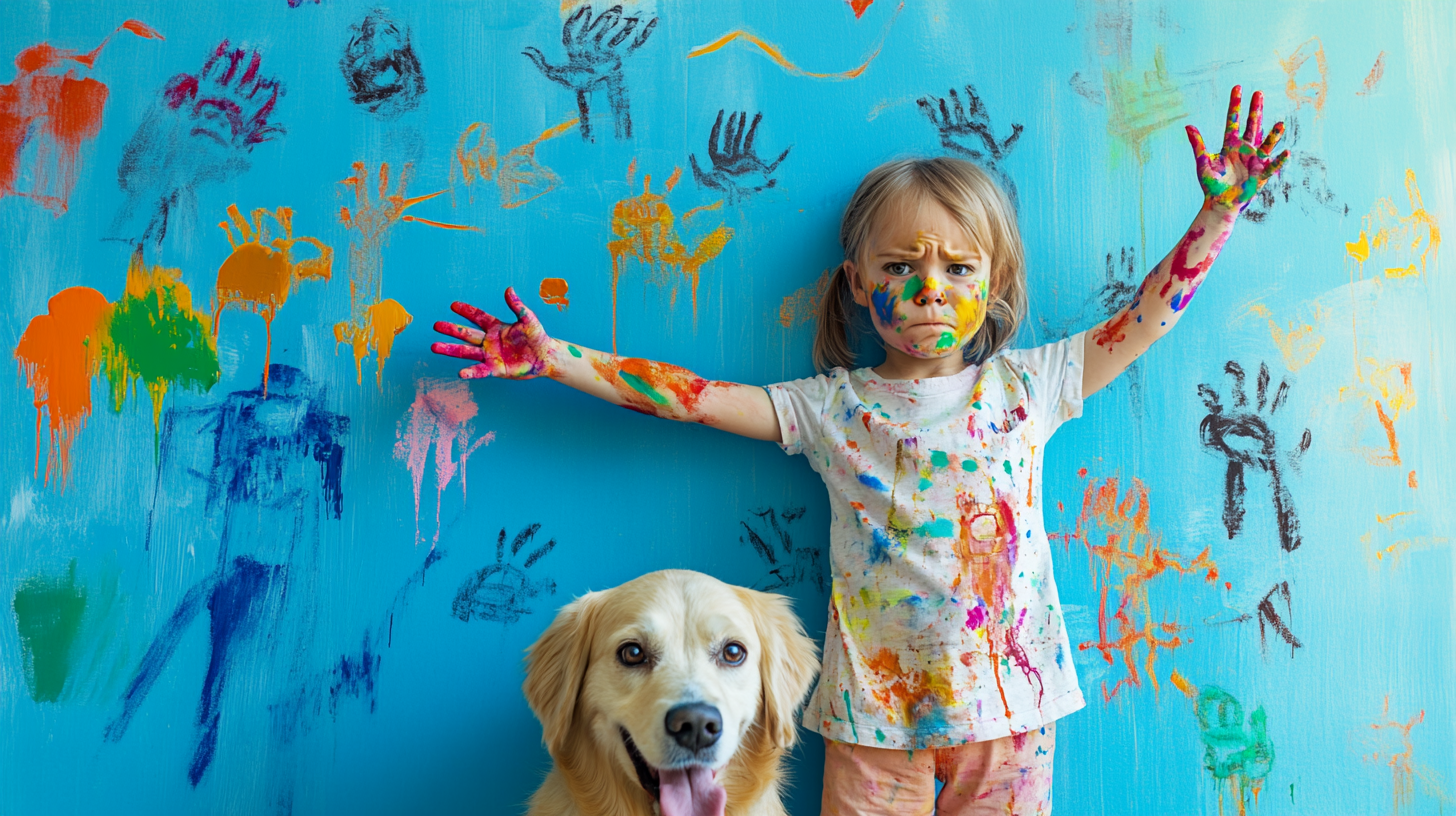 Child and dog paint wall with drawings