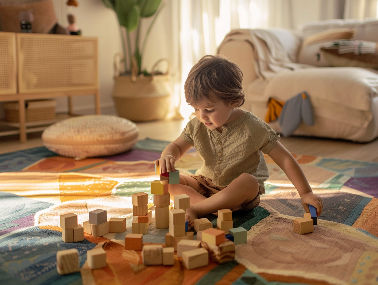 Child building with wooden blocks in cozy room